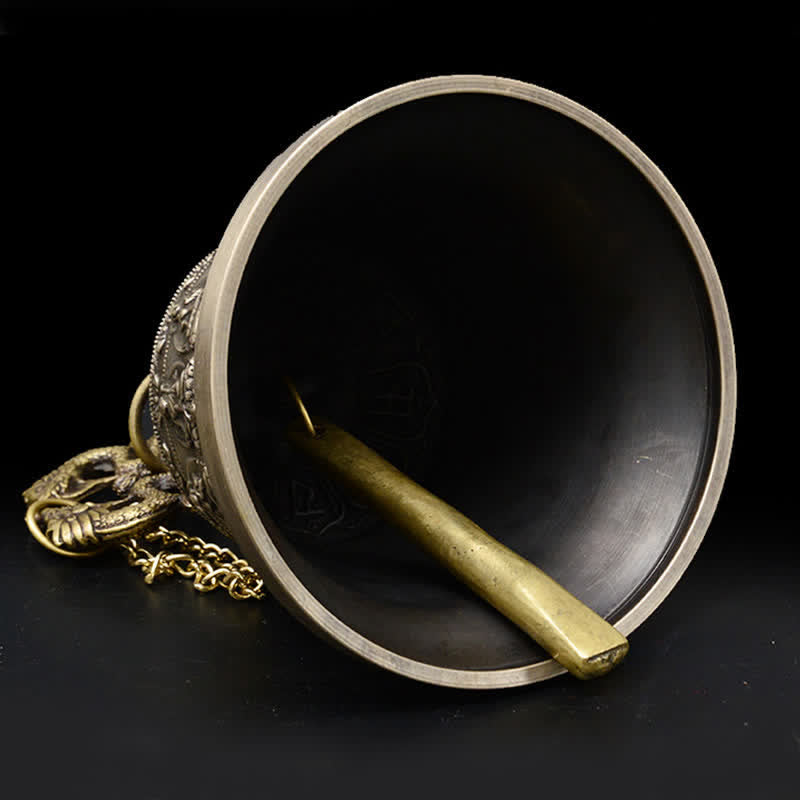 Tibetan Buddha Dragon Bell interior view revealing clapper rod and dragon head mount, ritual, authentic
