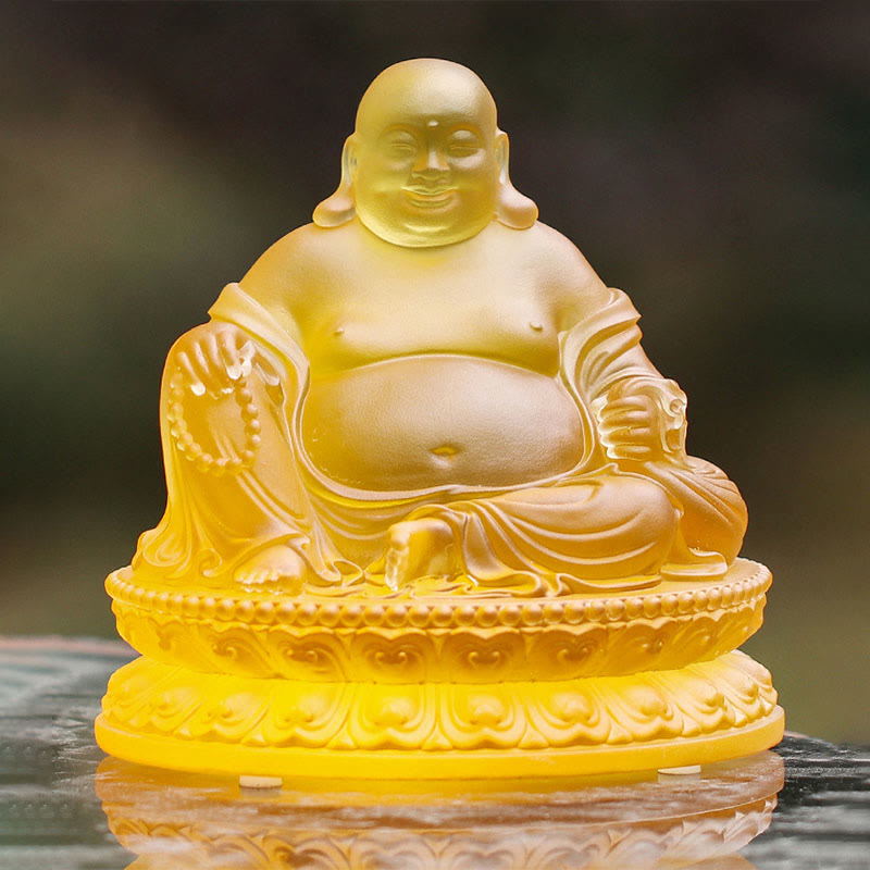 Liuli Crystal Laughing Buddha Figurine – Warm sunset liuli hue, auspicious wealth statue decor
