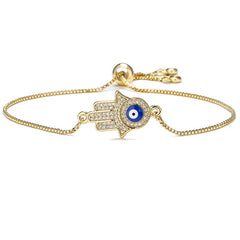 Gold Hamsa Hand Evil Eye Bracelet on White Background, Adjustable Protection Jewelry