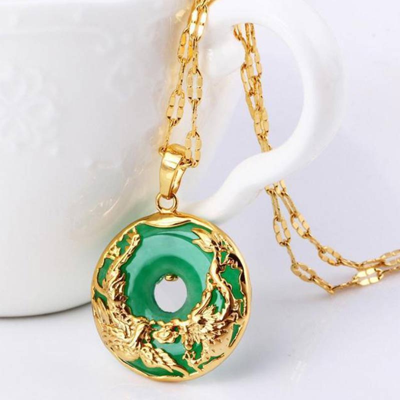 Cyan Jade Dragon Phoenix Necklace – Gold phoenix relief draped on white ceramic, Prosperity