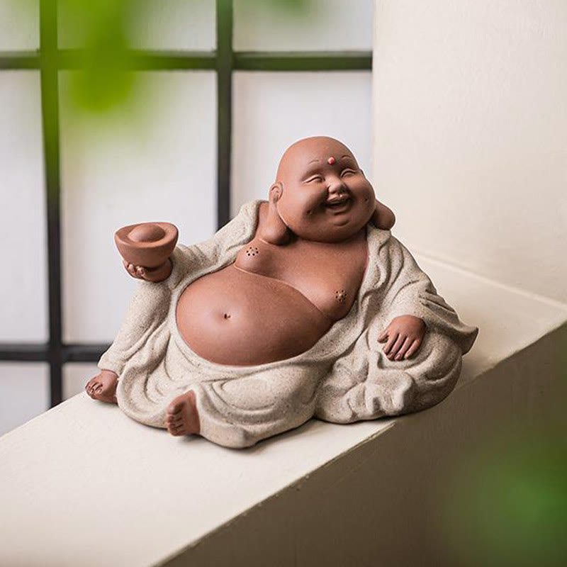 Laughing Buddha Clay Statue – Maitreya seated with children climbing on him, happiness family symbol