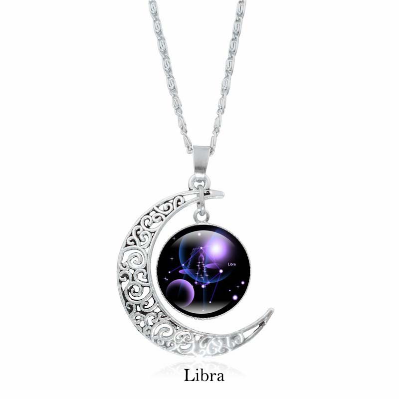 Zodiac Moon Protection Copper Necklace - Silver crescent moon with Libra zodiac constellation cabochon in purple-blue cosmic tones on link chain