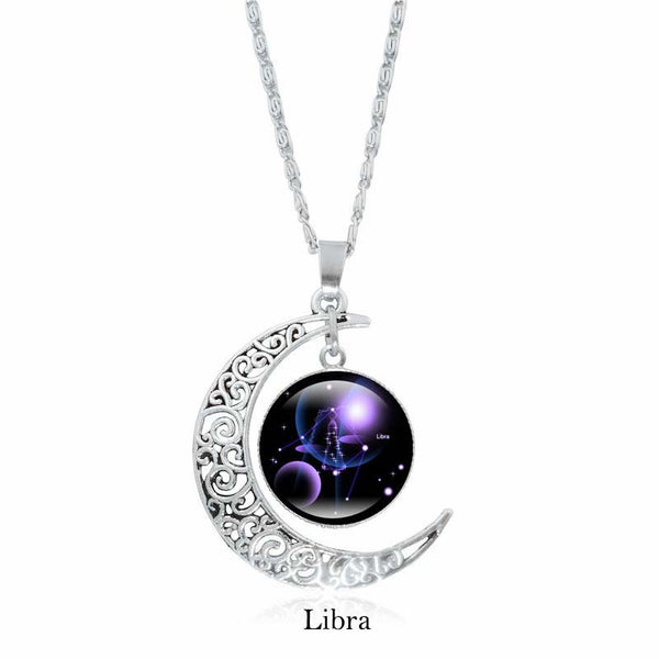 Zodiac Moon Protection Copper Necklace - Silver crescent moon with Libra zodiac constellation cabochon in purple-blue cosmic tones on link chain