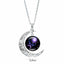 Zodiac Moon Protection Copper Necklace - Silver crescent moon with Libra zodiac constellation cabochon in purple-blue cosmic tones on link chain