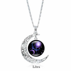 Zodiac Moon Protection Copper Necklace - Silver crescent moon with Libra zodiac constellation cabochon in purple-blue cosmic tones on link chain