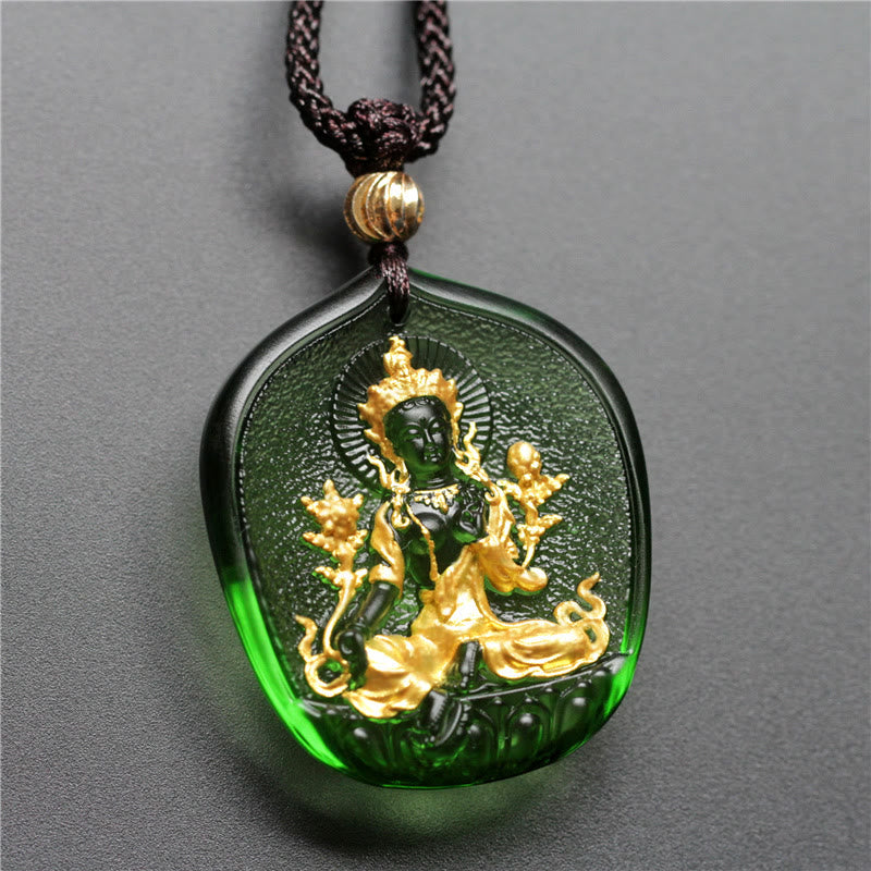 Green Tara Buddha Gold Plated Liuli Crystal Pendant – front view with gold relief details on deep green crystal, front detail