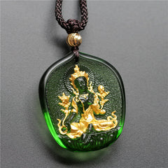 Green Tara Buddha Gold Plated Liuli Crystal Pendant – front view with gold relief details on deep green crystal, front detail