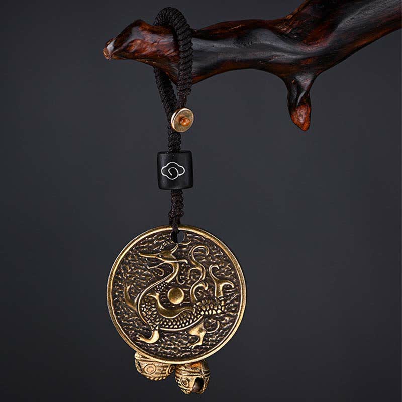 Four Symbols Constellation Key Chain - Antique brass dragon medallion with bells on black cord, Protection