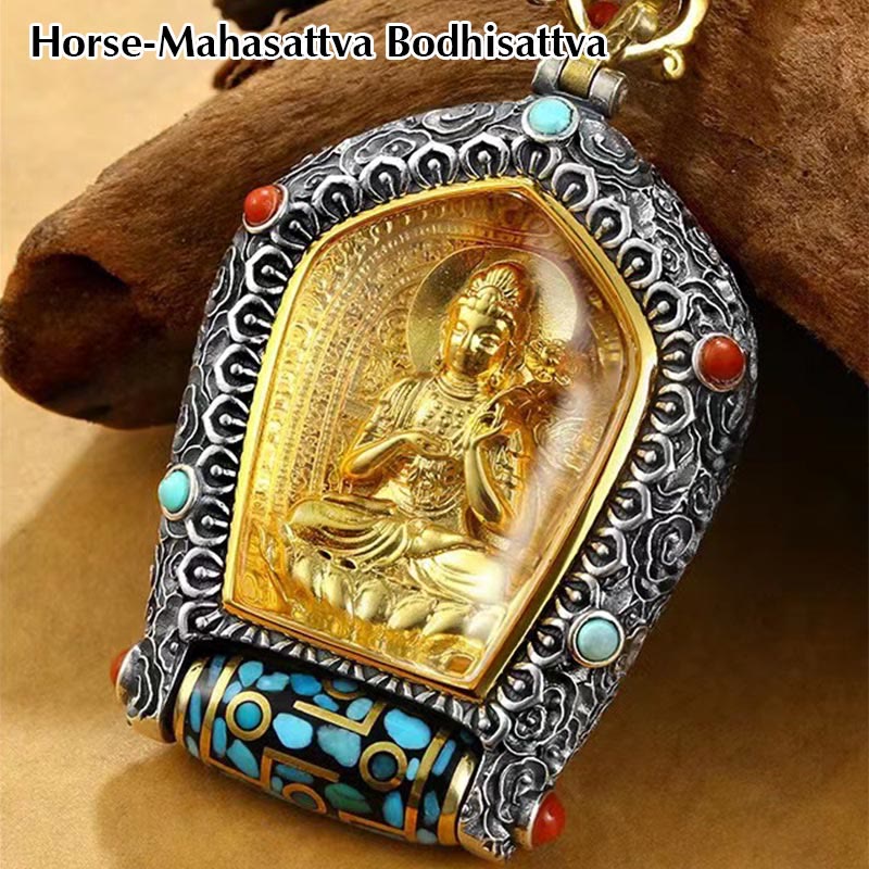 Tibetan Zodiac Buddha Dzi Bead Necklace – Gold Buddha figure in silver scrollwork frame with turquoise coral accents and prayer wheel, white background frontal product shot