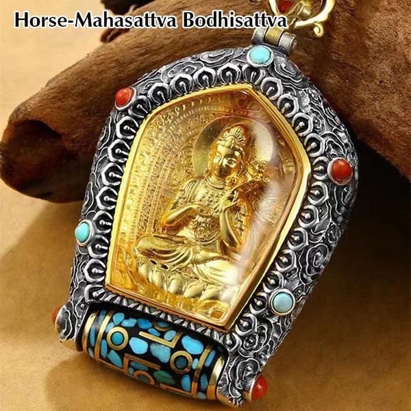 Tibetan Zodiac Buddha Dzi Bead Necklace – Gold Buddha figure in silver scrollwork frame with turquoise coral accents and prayer wheel, white background frontal product shot