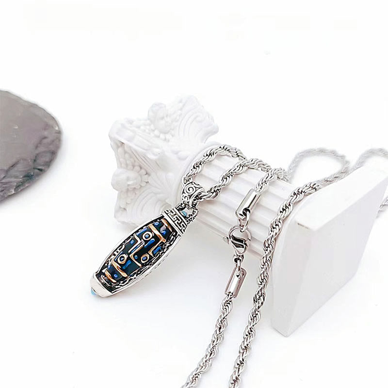 Nine-Eye Dzi Bead Pendant - Full necklace with rope chain and lobster clasp on white backdrop