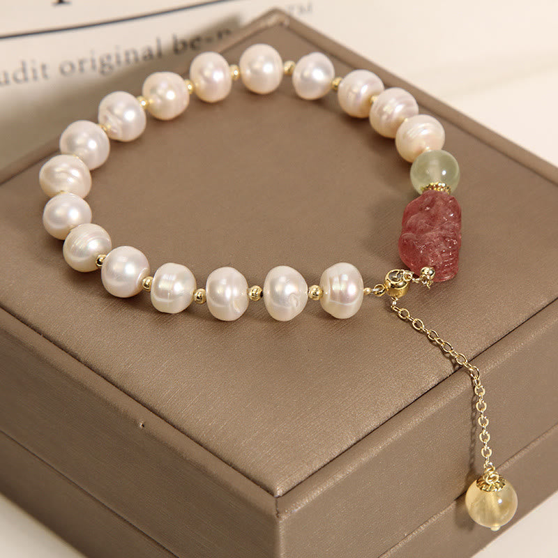 Pearl Strawberry Quartz PiXiu Bracelet – Pearls with strawberry quartz PiXiu and gold extender chain