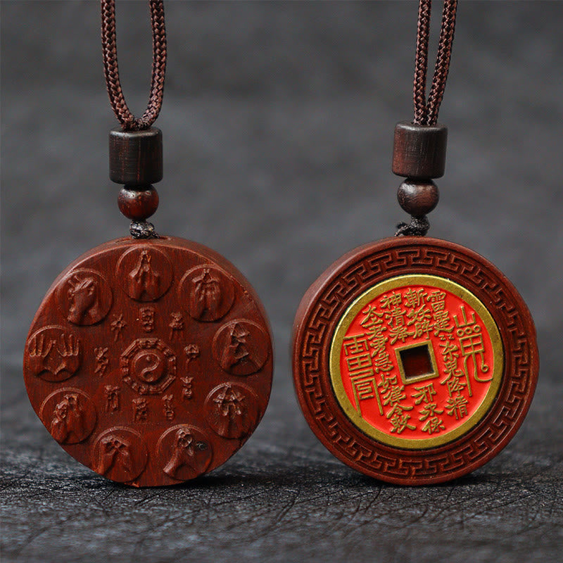 Lightning Struck Jujube Wood Pendant – Double-sided carved pendant with Chinese zodiac animals on front and Taoist mountain g