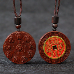 Lightning Struck Jujube Wood Pendant – Double-sided carved pendant with Chinese zodiac animals on front and Taoist mountain g