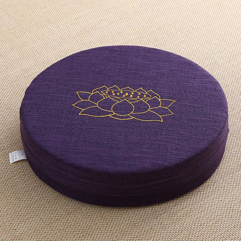 Purple Lotus Zafu - Gold embroidered lotus on plum linen meditation cushion, spiritual decor