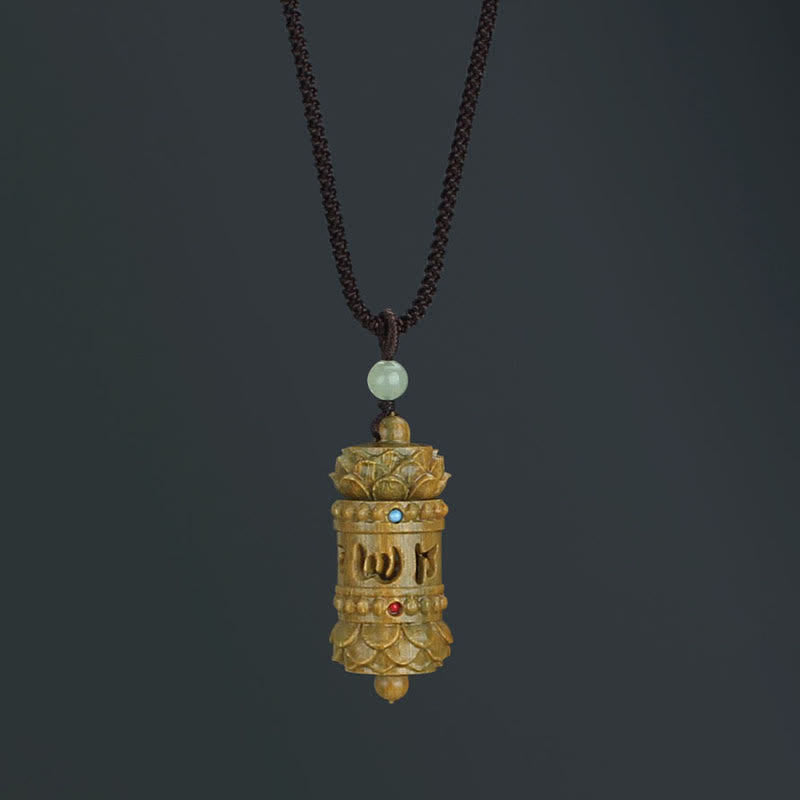 Om Mani Padme Hum Necklace – Wooden prayer wheel pendant with lotus carvings, turquoise and coral inlays, prayer beads