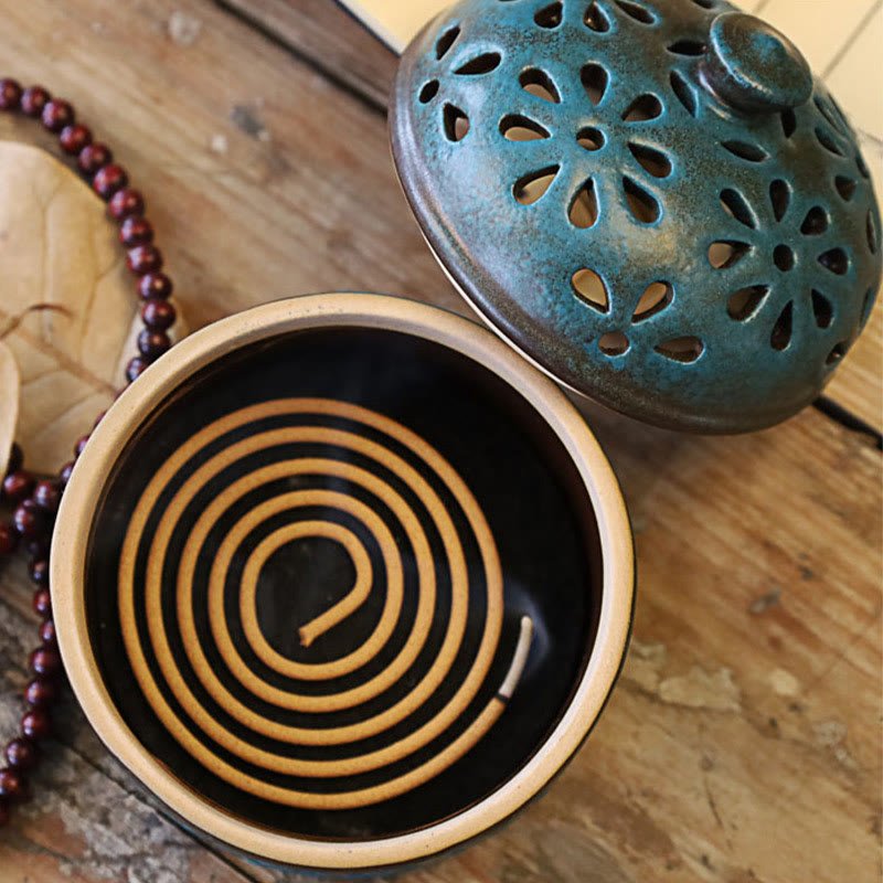 Mini Ceramic Incense Burner - Lid off showing black interior and incense coil, with mala beads