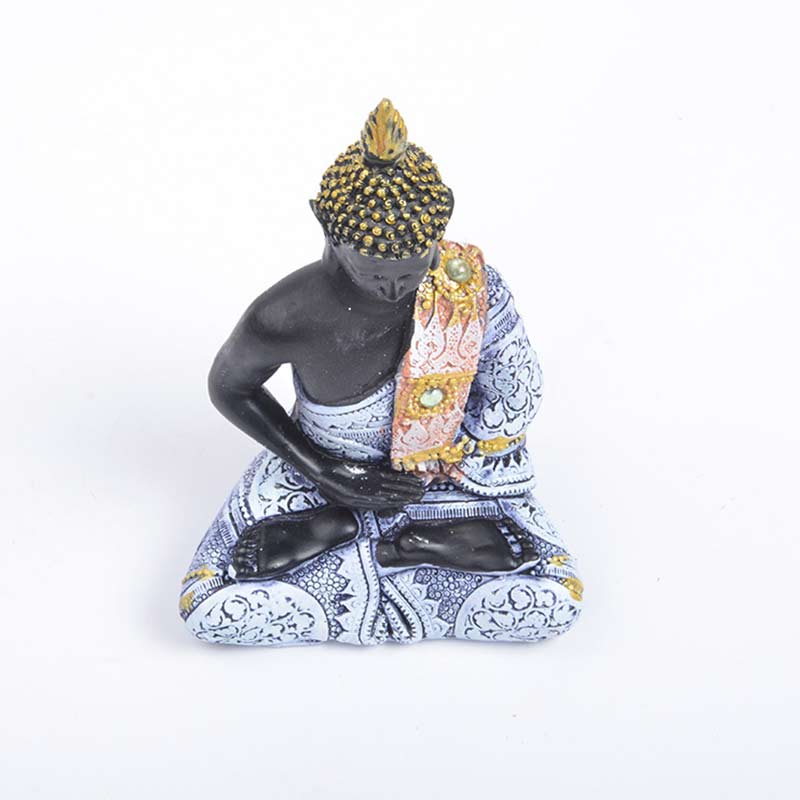 Tibetan Buddha Resin FengShui Decoration – centered front view of resin Buddha with gemstone sash detail, FengShui serenity ornament