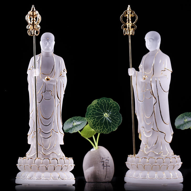Ksitigarbha Liuli Crystal Figurine – Wish-fulfilling jewel held to chest, prosperity blessing