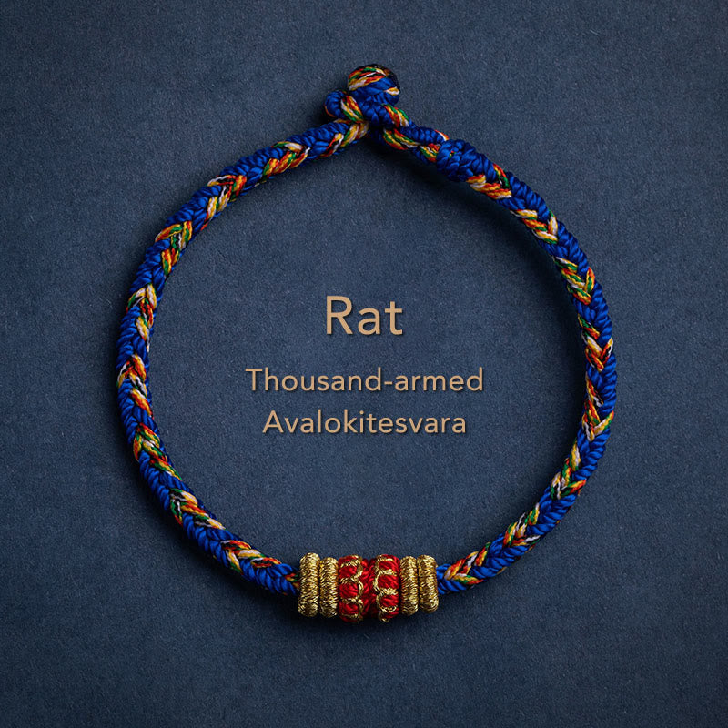 Blue braided cord bracelet for Rat zodiac with Thousand-armed Avalokitesvara blessing bead, gold and red Buddhist charm, adjustable Chinese knot jewelry