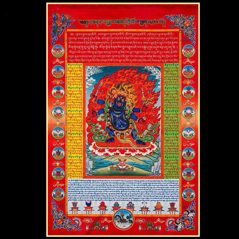 Tibetan Windhorse 10-Color Prayer Flag – macro texture of painted finish, handcrafted Tibetan craft