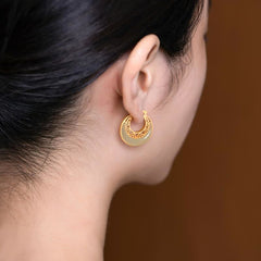 Crescent Moon Jade Drop Earrings – Gold hoop earrings with green jade crescent inlay and triangle cutout patterns, white background with size annotations, frontal