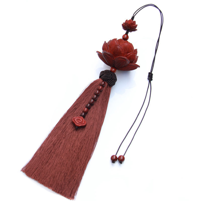 Red Sandalwood Lotus Tassel - vertical hang on pure white, beaded chain and Chinese knot