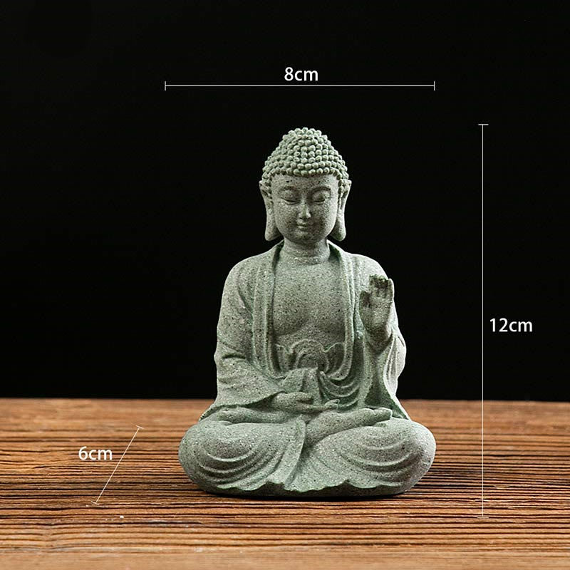 Green Sandstone Buddha Statue – Meditating Buddha with abhaya mudra and dimensions, front