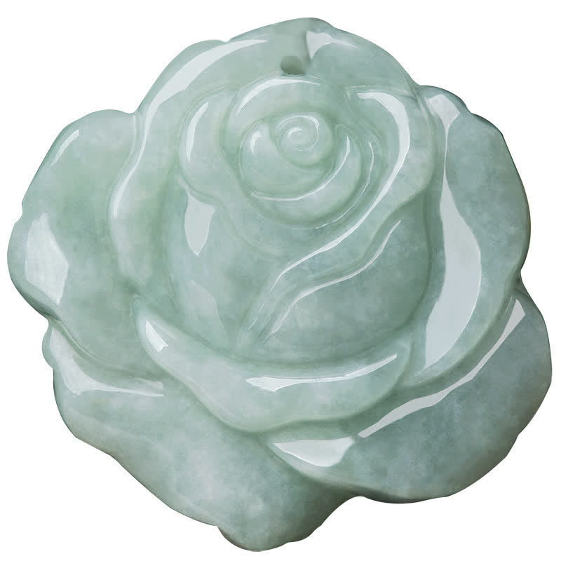 Lotus Pattern Jade Prosperity Necklace - front view of carved rose on white, celadon jade
