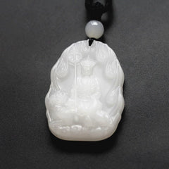 Ksitigarbha Buddha Liuli Crystal Necklace - White crystal amulet seated deity, black cord with white bead