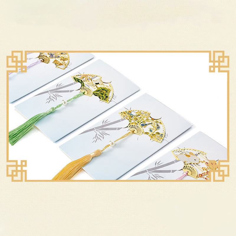 Brass Hollow Fan Bookmark - Four cutout designs on bamboo print cards with tassels, presentable