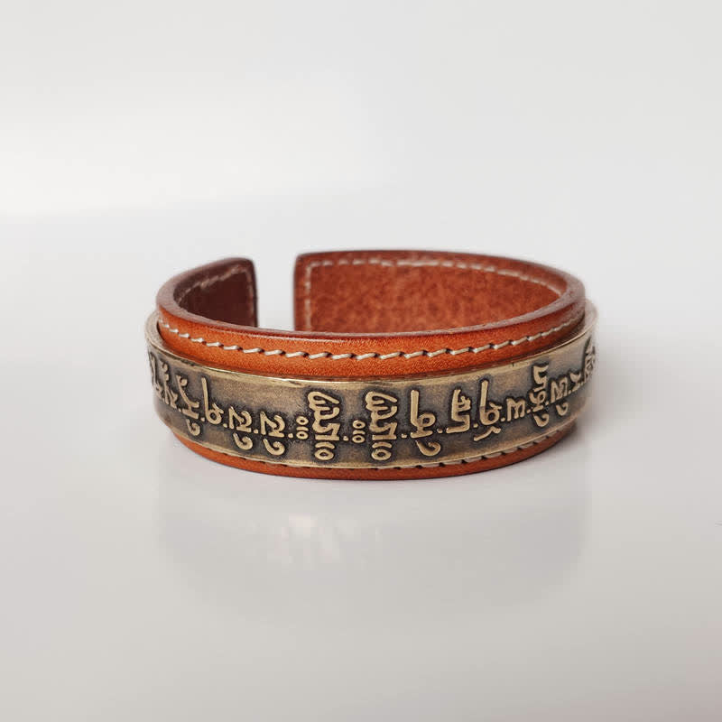 Om Mani Padme Hum Dragon Phoenix Bracelet - Tibetan mantra embossed brass band on cognac leather, Buddhist meditation