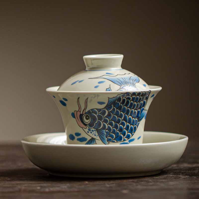 Koi Fish Sancai Gaiwan – studio lit showing all three sancai colors, teacup