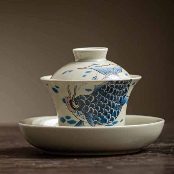 Koi Fish Sancai Gaiwan – studio lit showing all three sancai colors, teacup