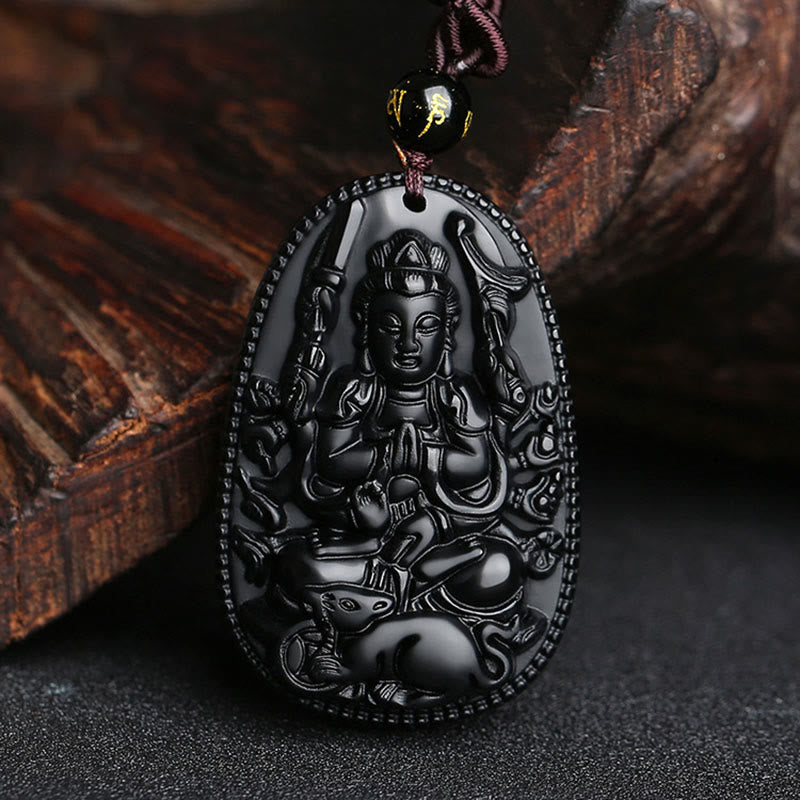 Chinese Zodiac Buddha Black Obsidian Necklace – Akasagarbha bodhisattva carving on oval obsidian with beaded border and mantra bead, zodiac protector pendant