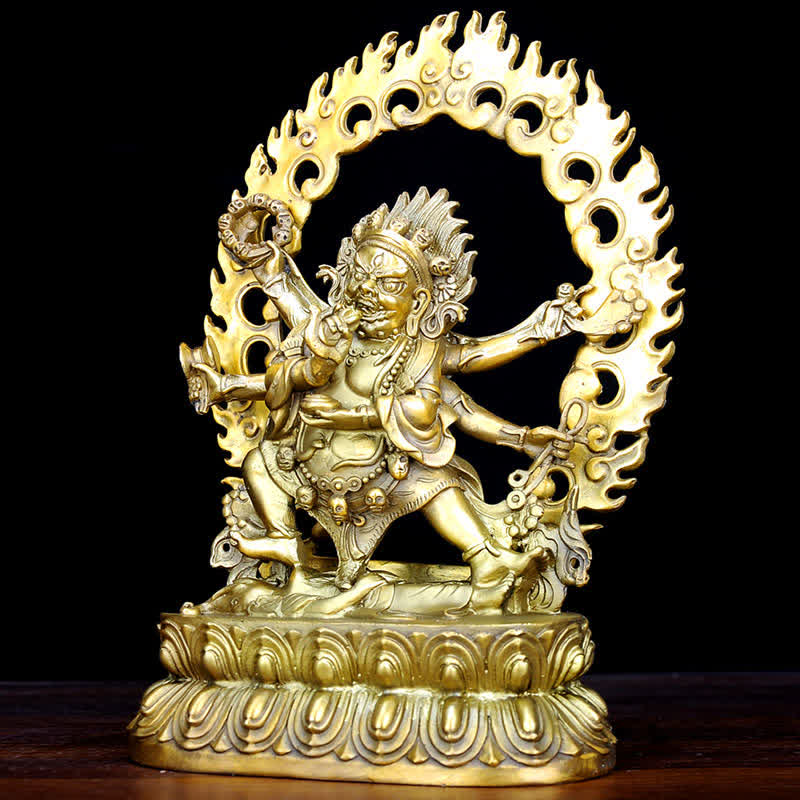 Mahakala Copper Figurine – intricate crown flaming hair, protective deity altar statue