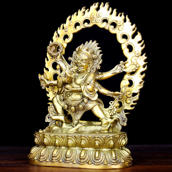 Mahakala Copper Figurine – intricate crown flaming hair, protective deity altar statue