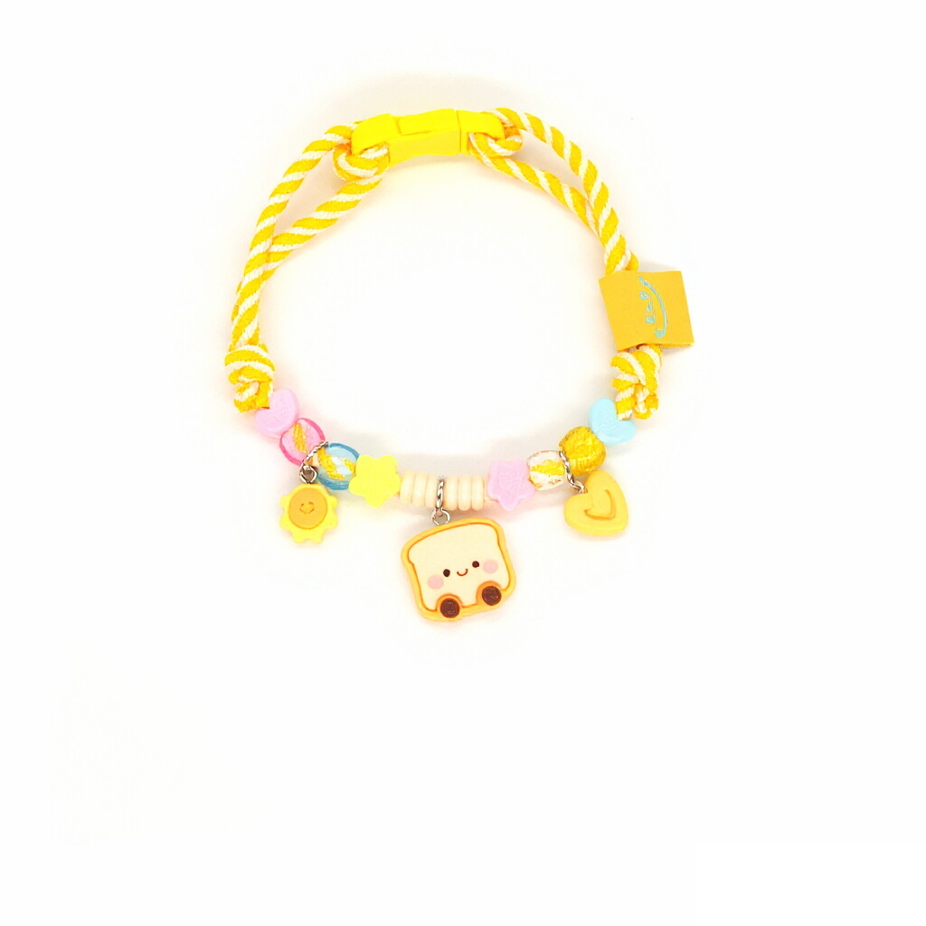 Adjustable Cat Collar – Yellow-white rope with smiley toast, sunflower & heart, kawaii food collar