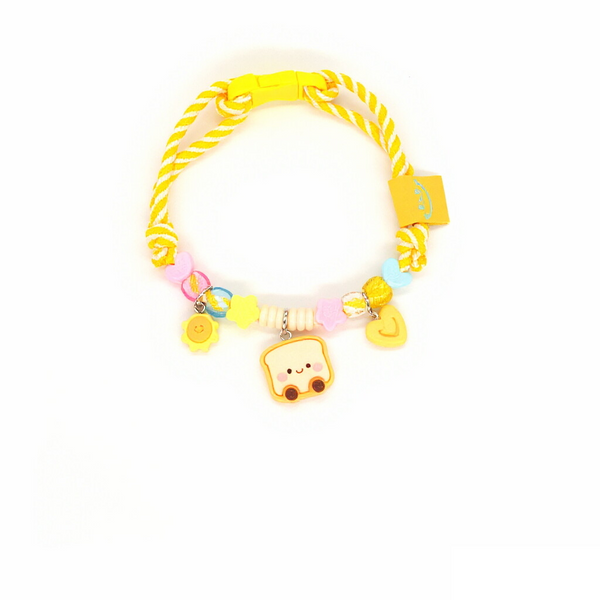 Adjustable Cat Collar – Yellow-white rope with smiley toast, sunflower & heart, kawaii food collar
