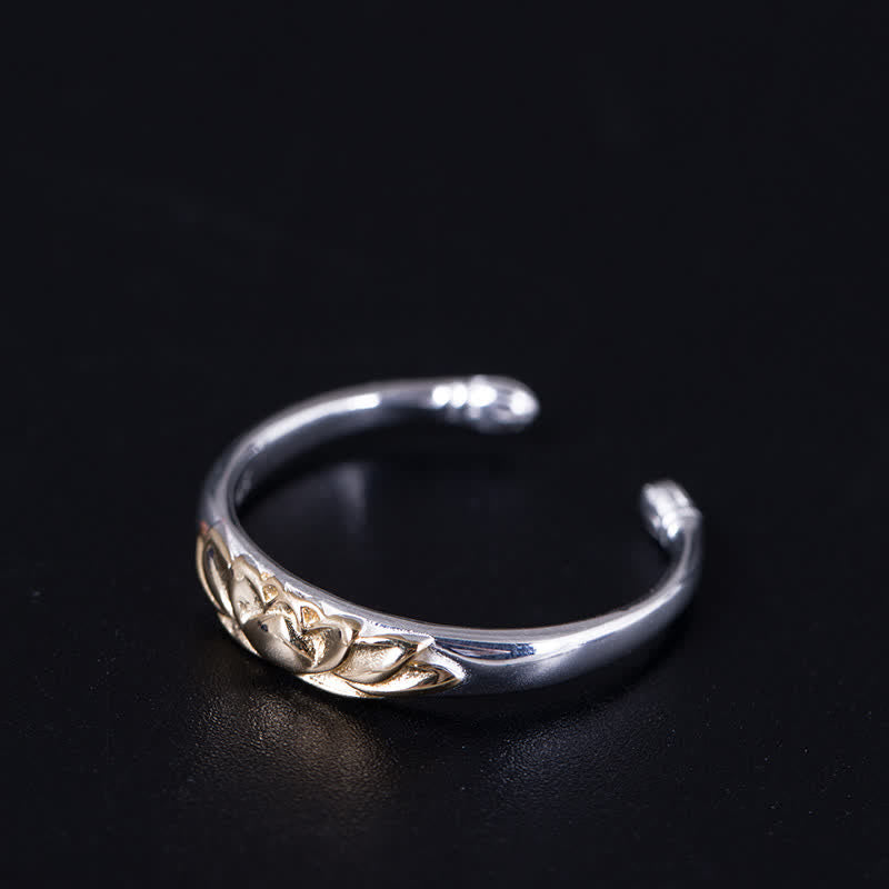 925 Sterling Silver Lotus Ring – Front view of open cuff lotus ring with gold accent on matte black, lotus ring