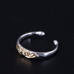 925 Sterling Silver Lotus Ring – Front view of open cuff lotus ring with gold accent on matte black, lotus ring