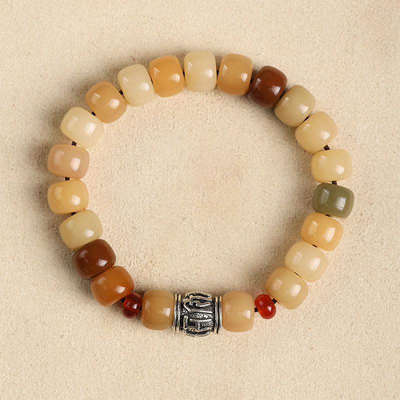 Natural Bodhi Seed Om Mani Padme Hum Wisdom Bracelet - Silver cylinder charm, earthy tones