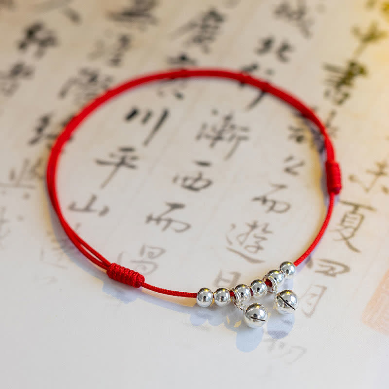925 Sterling Silver Red String Bell Charm Anklet, image 3