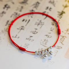 925 Sterling Silver Red String Braid Bell Charm Anklet