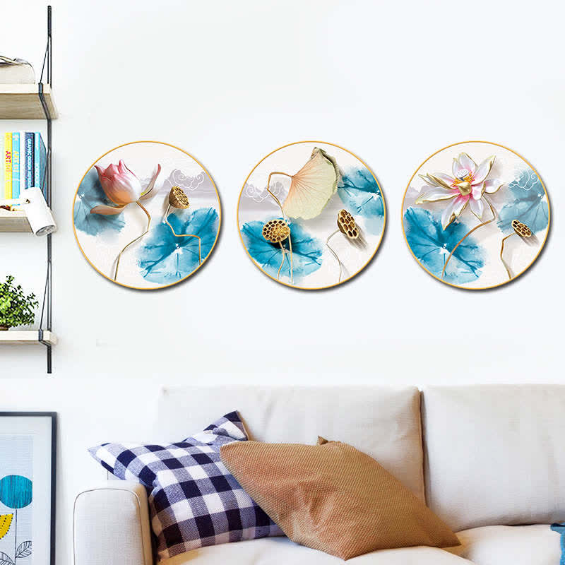 Lotus Flower Wall Art – Round gold-framed triptych above cream sofa with checkered pillow, serene living room decor