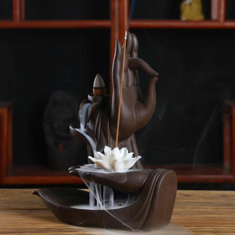 Tibetan Lotus Incense Burner – Buddha hand holder with white lotus accent, healing decor