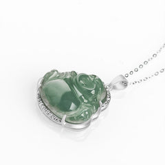 Laughing Buddha Natural Jade Luck Prosperity Necklace Titanium Steel Pendant – Polished jade Hotei steel amulet