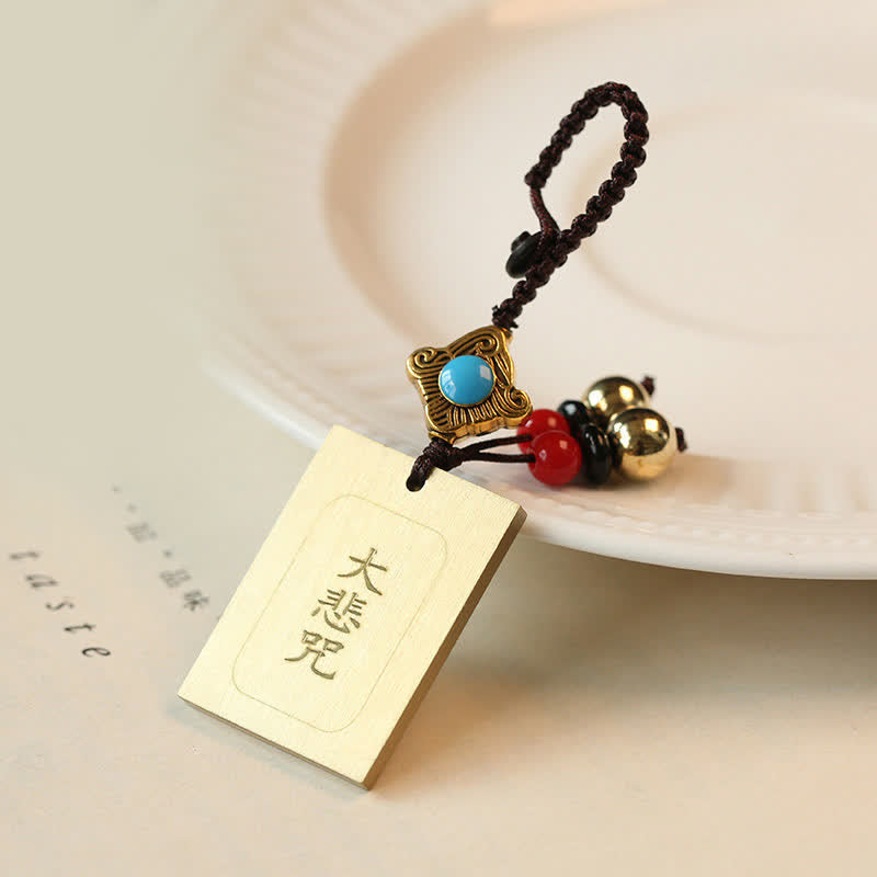 Feng Shui Yin Yang Bagua Keychain - Brass tag with Great Compassion Mantra and turquoise, Buddhist amulet