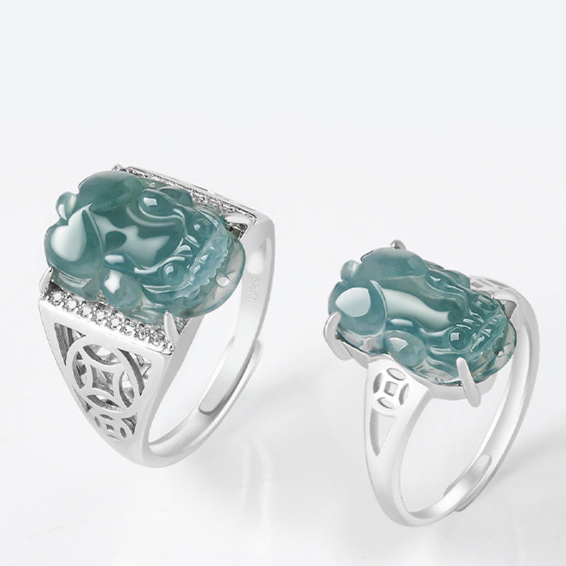 925 Sterling Silver Jade PiXiu Luck Ring – Two rings on white showing front and side views of jade PiXiu