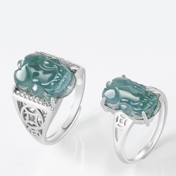 925 Sterling Silver Jade PiXiu Luck Ring – Two rings on white showing front and side views of jade PiXiu